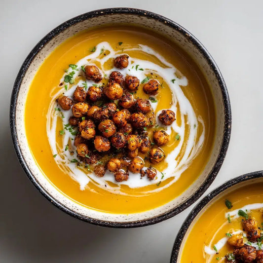 Roasted Carrot & Cumin Soup with Chickpea Croutons