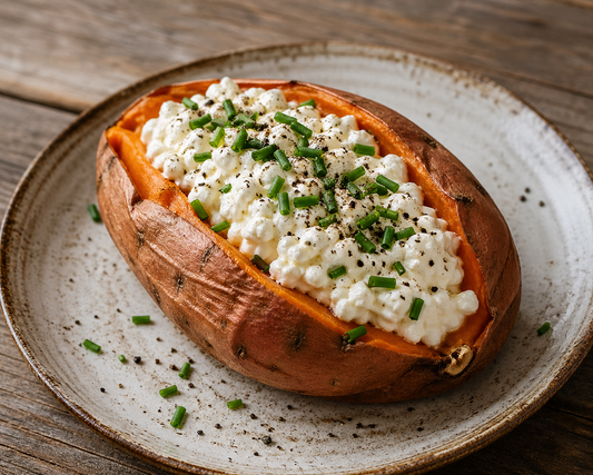 Simple Baked Sweet Potato with Cottage Cheese & Chives