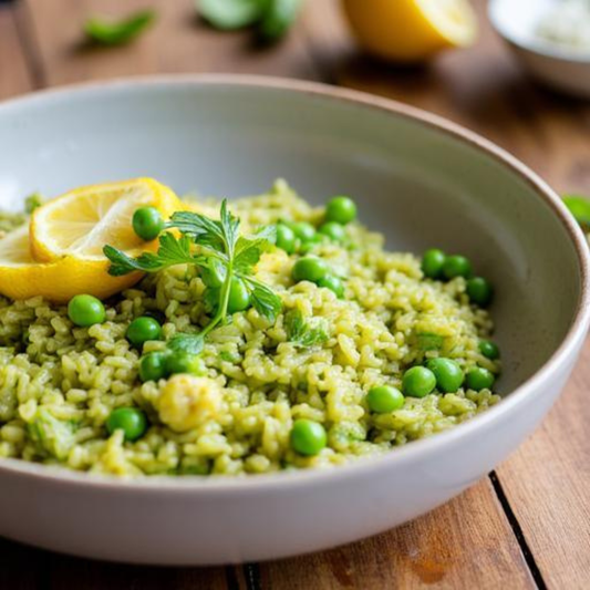 Gentle Baked Risotto with Peas & Lemon