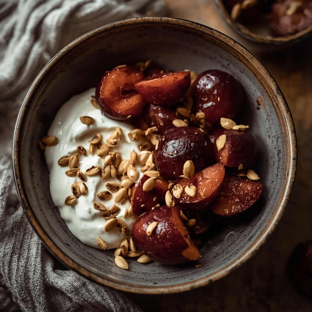 Greek Yoghurt with Stewed Plums & Toasted Seeds