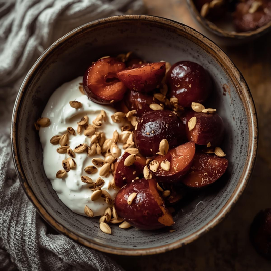 Greek Yoghurt with Stewed Plums & Toasted Seeds