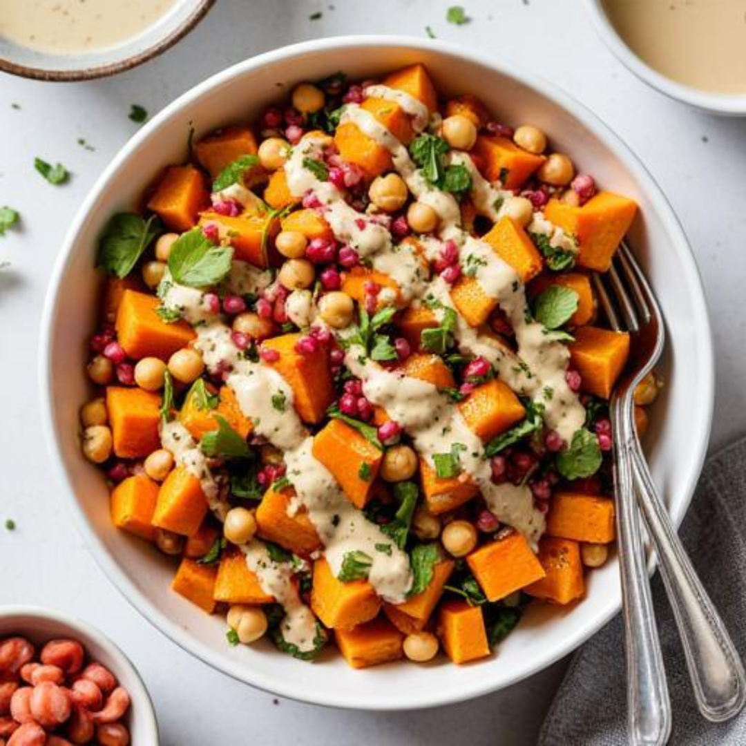 Roasted Sweet Potato & Chickpea Salad with Tahini Dressing